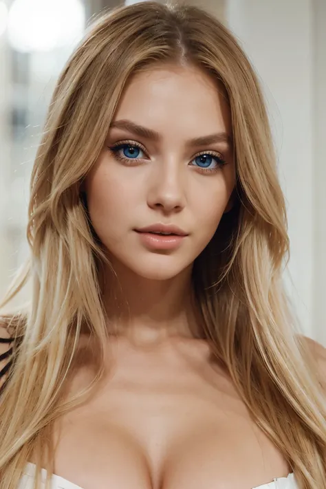 "Generate an image of a stunning and youthful model/influencer with long, tousled blonde hair, piercing azure eyes, full lips exuding sensuality."