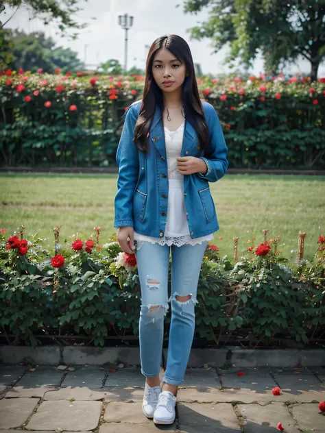 beautiful Indonesian women. long hair. wear a blue jacket with white lace, wear jeans, wear shoes. red rose flower garden background. HD. Original photo. 18k