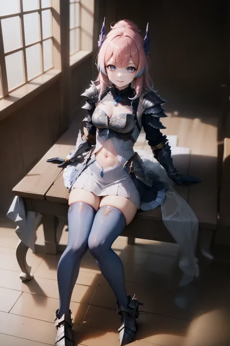 hair between eyes, pink hair,
BREAK (armor, black gloves, blue footwear, blue thighhighs, boots, breastplate, covered navel, dress, gauntlets, gloves, headgear:1.2)
BREAK  (smile1.2), ((fullllbody)),(Seductive look),（NSFW),
BREAK class room,
BREAK (masterp...