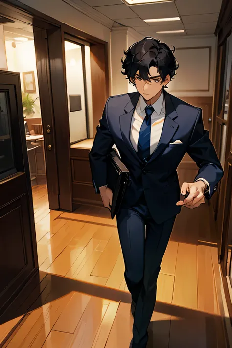 1male, Curly Black hair, In navy blue business attire, Holding briefcase, in dining room, High Defininition, brown skin 