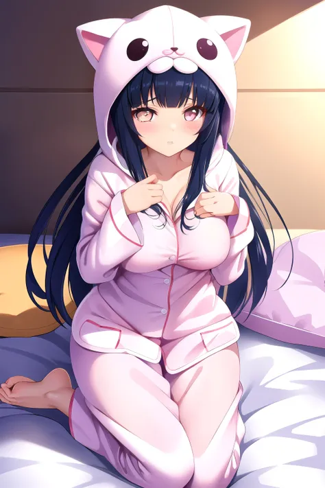 cute pic breast squeeze, (flauschiger katzen-kigurumi-pyjama:1.5