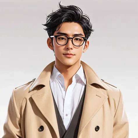 Personagem de anime masculino adulto (mangar) de cor de pele clara, cabelos pretos com luzes, wearing prescription glasses wearing a beige coat with a white shirt