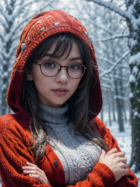 Photorealistic, (close up:1.3), low angle, (seen from below), a japanese young woman with hood, (long sleeve (red sweater:1.2), oversized jeans), a hyperrealistic beautiful young girls with grayish blue eyes in glasses, natural sagging breast, high detaile...