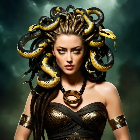 Looks like Amber Heard, fierce looks, fiery and glowing eyes, Dark Fantasy Art of Medusa a woman with snake dreads holding a snake In Greek mythology, Medusa, also called Gorgo, a human female with living venomous snakes in place of hair, dark, moody, da...