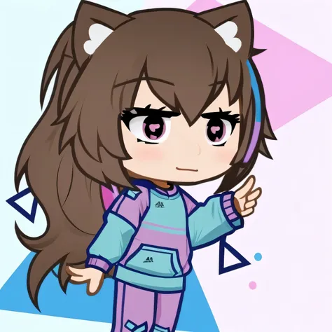 Young woman, Brown hair, wolf ears, pink and blue tracksuit. 