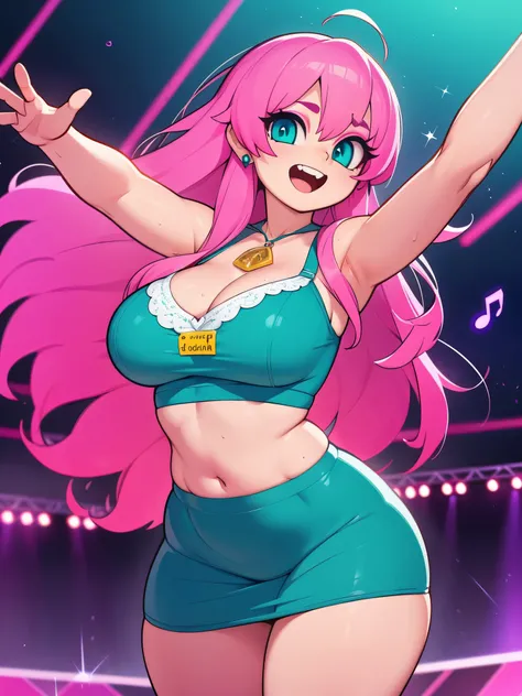 Masterpiece, Hyper detailed, Best quality, UHD, (((3D))), ((anatomically correct)), Dance club, 1 woman, Joyful Expression, ((Hyper detailed sexy colorful dance outfit, headphones:0.5)), Busty, Curvy, (Hyper detailed eyes, Teal eyes), Longeyelashes, Jewell...