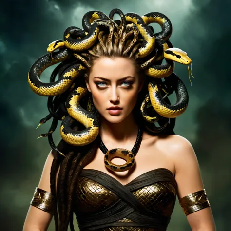 looks like amber heard, fierce looks, fiery and glowing eyes, dark fantasy art of  medusa a woman with snake dreads holding a sn...