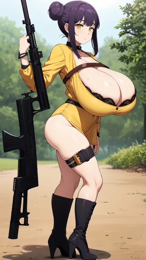 Slime girl, (slime), Slime hair Double buns hair style, Pumpkin Orange, weapon belt, Masterpiece, Best Quality, gigantic breasts, slime girl, slime girl, purple hair, lavender hair, yellow clothes, weapon belt around waistline, rifle, long rifle, AR-15 Rif...