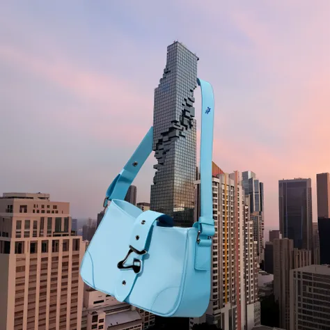 There was a blue wallet hanging from a tall building., located on a skyscraper, Seen from below., View from below, Inspired by Jeff Koons, Hong Zhu |, Sazi, overhead shot, message, (((Luke Chue))), skyline display, Looking slightly from below, Environmenta...