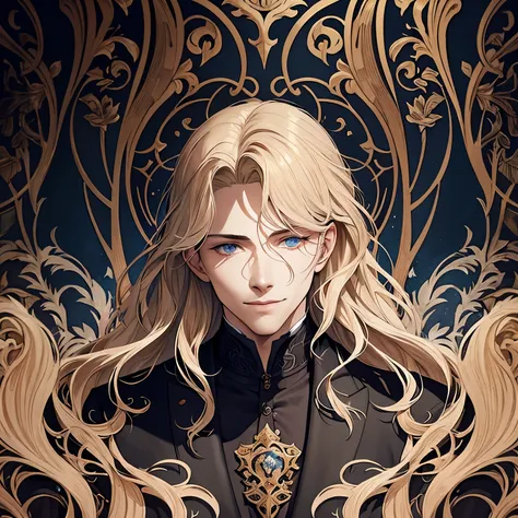 Dorian Gray with blonde wavy hair in art nouveau style, perfect face, masterpiece, dark cold colours, watercolour, handsome, cruel smile, art nouveau style, watercolour, high quality, realism, people touching him, touching his beautiful face 