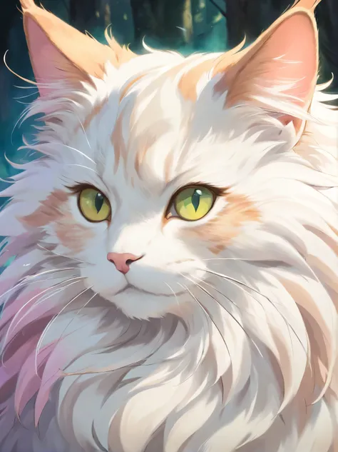 Warrior cat, realistic and detailed, Norwegian forest cat, fluffy, scar over left eye, pastel colors, close-up of cat, stoic expression 