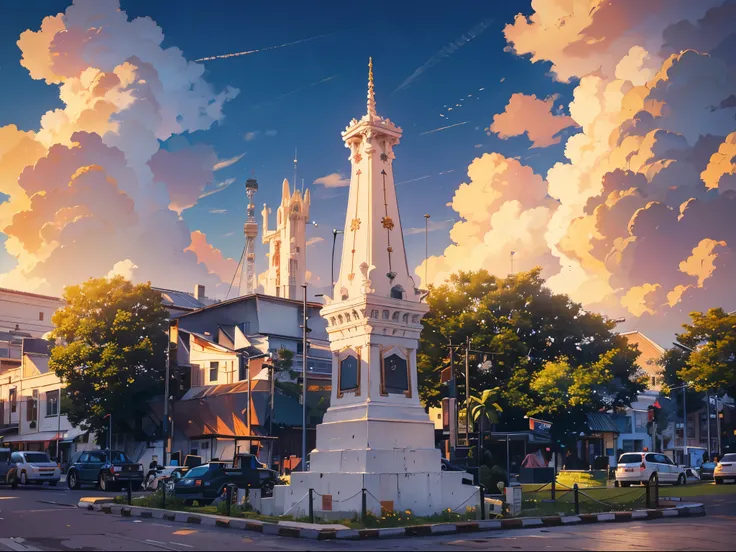 a white monument tower, in the city, grass on the ground, afternoon sky, sunset