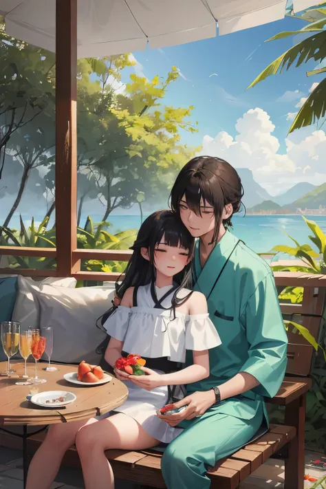 In the vibrant setting of a tropical scene, a young man named Hazme and a young woman named Mi Ya Kaht are seen enjoying a date at a picturesque location. With the sun casting long shadows upon the lush greenery, they sit side by side, sharing a moment of ...