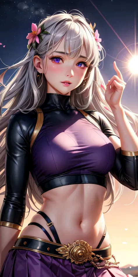 realistic, 1 girl, gray hair, purple eyes, shining eyes, crop top, skirt, parted lips, blush, night, flowers, sun, sunlight,