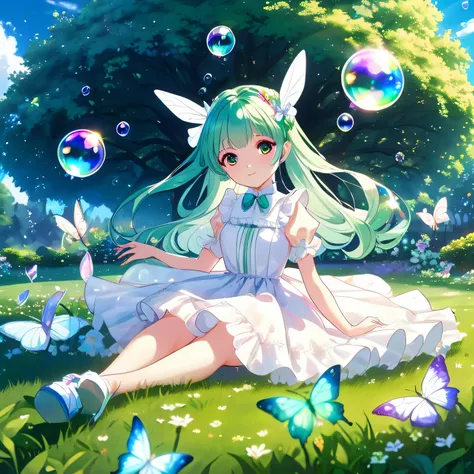 Anime, a fairy with hologram colored hair and a white lolita dress and hologram glass shoes is lying on green grass with lily flowers during the day. There are hologram soap bubbles and hologram colored butterflies. There is a small rabbit nearby, blue sky...