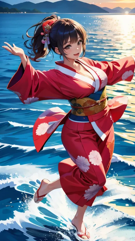 A beautiful girl busty dancer wearing a Japan kimono and dancing on the surface of the sea