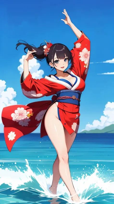 A beautiful girl busty dancer wearing a Japan kimono and dancing on the surface of the sea