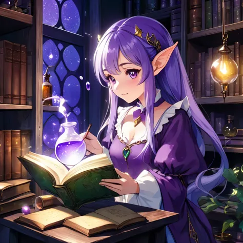 Anime girl, 1 person, elf-like ears, reading a beautifully engraved book set in magic, night, dappled light, holding a book and erlenmeyer, mixing potions, purple, green, hologram, in an old house, lots of antique objects. Turning to the left. Mottled ligh...