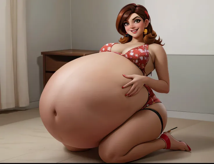 there is a woman sitting on a red chair with a big stuffed pregnant belly, insanely inflated hips, thicc, giantess art, commission for high res, pinup art, pinup, she has a jiggly fat round belly, render of april, pinup of tracer from overwatch, commission...