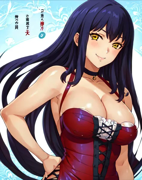 AMAHIMEHATSUJOUEXORCIST, 1GIRL, SOLO, LONG HAIR, LARGE BREASTS, RED DRESS, CLEAVAGE, BARE SHOULDERS, YELLOW EYES, PURPLE HAIR, CHOKER, upper body, facing viewer, (looking at viewer:1.5), in the center, smile,