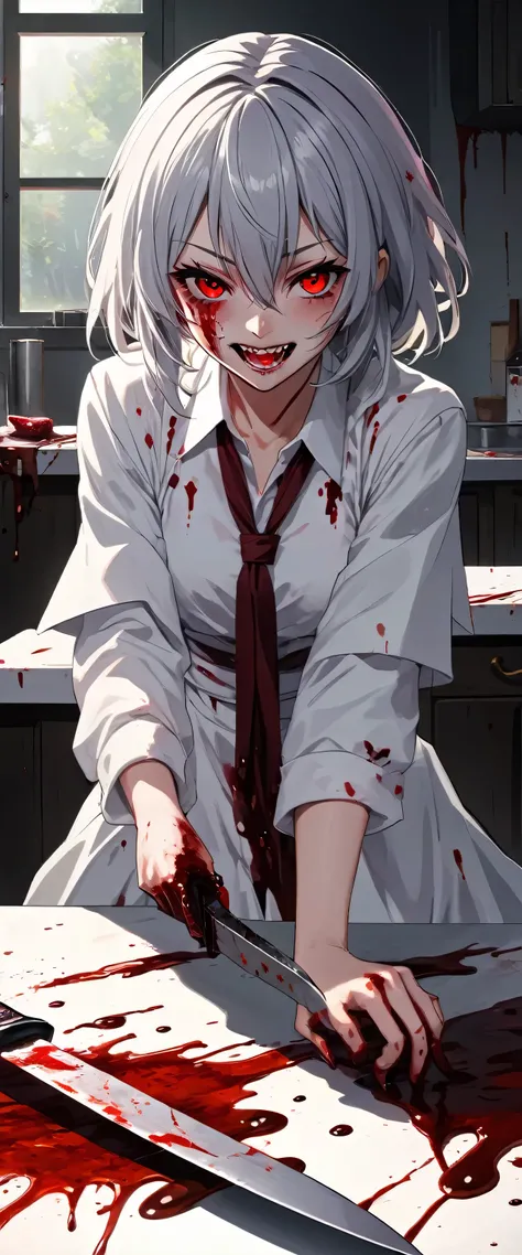 Anime girl with a grin and fangs holding a knife, blood on the knife and on the table, knife pointed at the viewer, red eyes, white-gray hair, red nail polish, white clothes, bloody flesh, late afternoon, dappled light. Lots of blood.