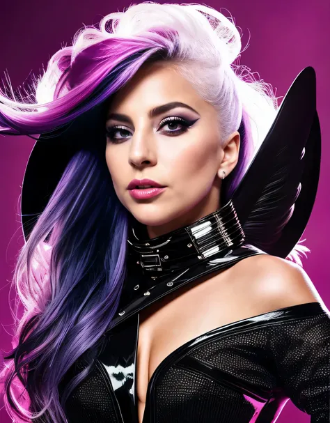 Lady GaGa con CUERNOS DE DEMONIO,CUERPO COMPLETO,Textura 4K, cabello largo, Calidad alta, cuerpo completo,varias poses corporales,rostro realista en 8k,peinado extravagante, original album cover, imagen 8k, futurista, alta calidad de imagen, en la noche, a...