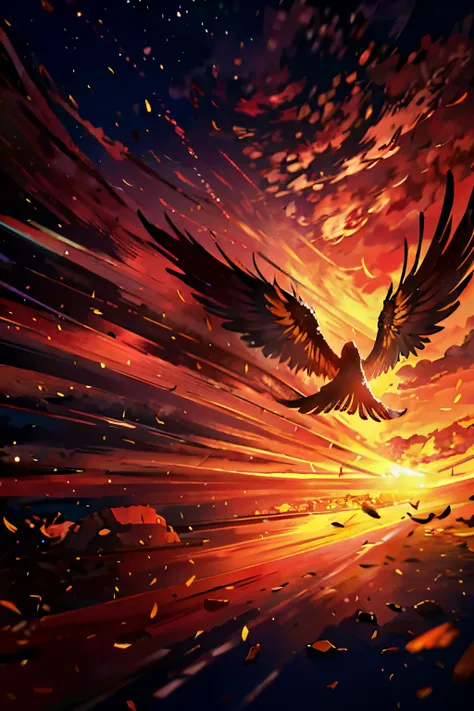 A magnificent Phoenix, with its massive wings spread wide, takes flight towards a breathtaking sunset. The Phoenixs vibrant feathers, a blend of fiery reds, oranges, and yellows, catch the light of the setting sun, creating a spectacular display of color. ...