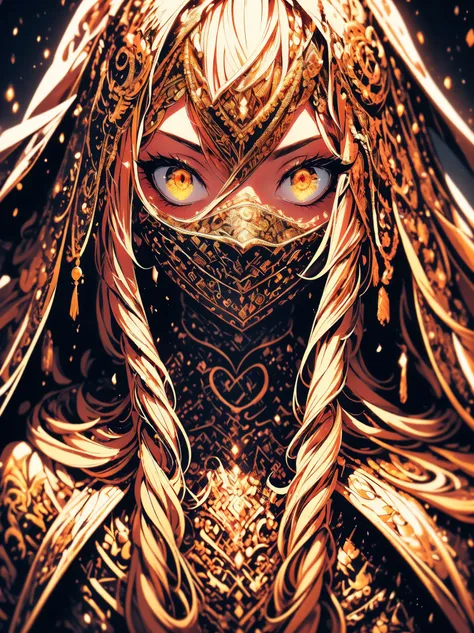 "(best quality,highres),close-up of a mummys face,covered in bandages with golden hieroglyphics,(detailed:1.1),(vivid and intense colors:1.1),(realistic:1.1) graphic art style,terrifying,eye sockets with glowing golden eyes,detailed wrinkles, dark circles ...