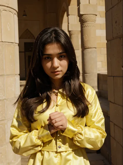 girl with (arabic features), 18 years old, portrait, hands in yellow cuffs.