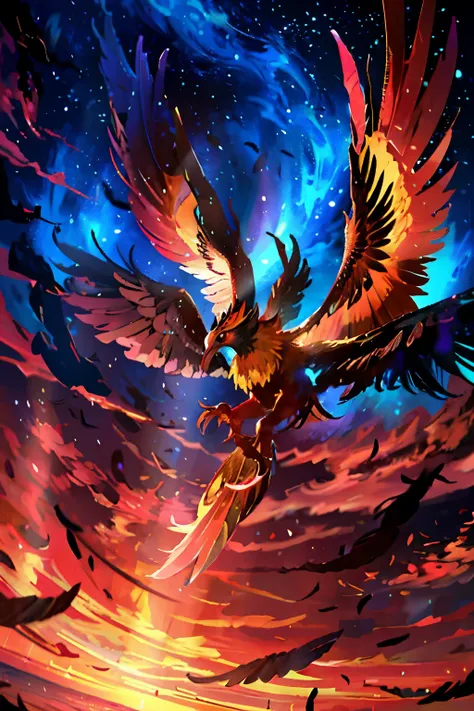 A massive Phoenix, with its fiery plumage spread wide, takes off gracefully towards a breathtaking sunset. The wings, intricately detailed with intricate feather patterns and iridescent hues, create an awe-inspiring sight as they catch the wind and lift th...