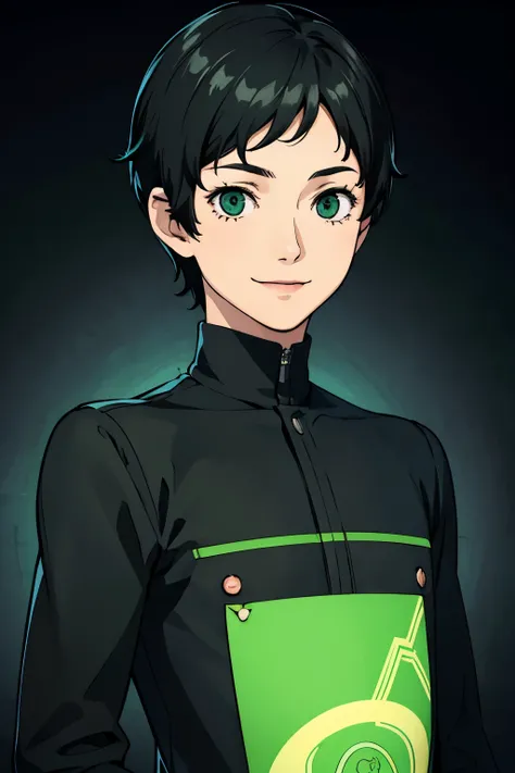 (adolescent boy, short black straight hair, green eyes, smiling, cute),(illustration),(high-res),(ultra-detailed),(vivid colors),(soft lighting)