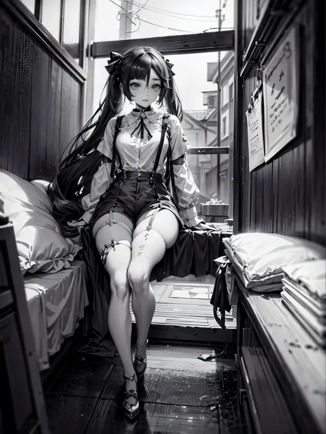 anime women in white shirt , Suspender stockings, Mona Genshin Impact, perfect things, Monochrome photo 