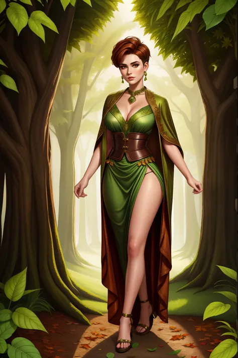 a  portrait of a babe temptress , druid, leaf robe, perfect face, pretty face, brown eyes, auburn hair, Hi-top fade, very short hair, flat chest, lush detail, absurdres, clothes made of leaves, full body shot, tomboy