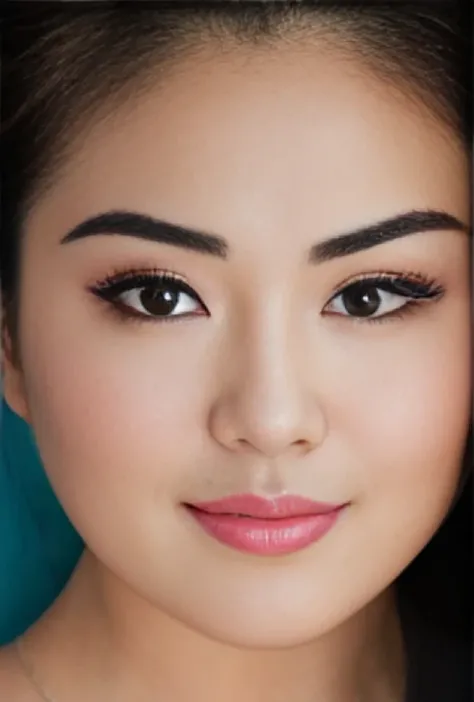 Asian, pink haik, geen eyes, small nose, well-groomed eyebrows-