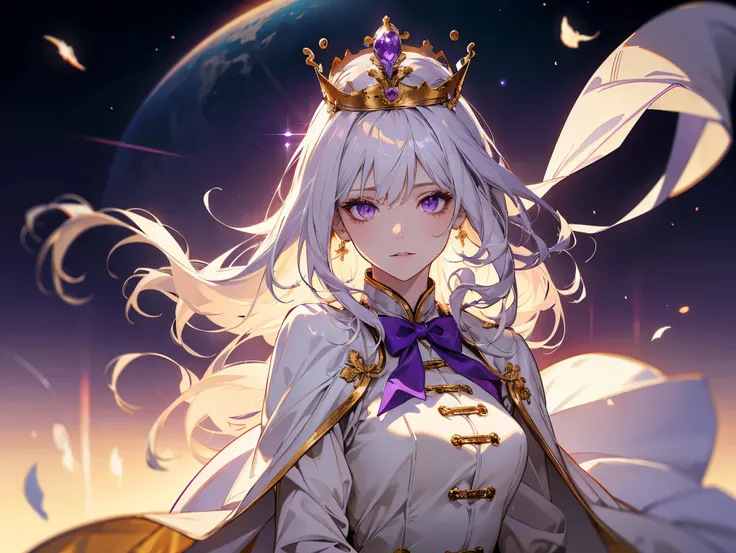 1 female, teacher, wearing a white dress, white leggings, white hair, long hair, face to detail, detailed eyes, light purple eyes, purple bowtie, golden crown floating over her head, the background is space in china