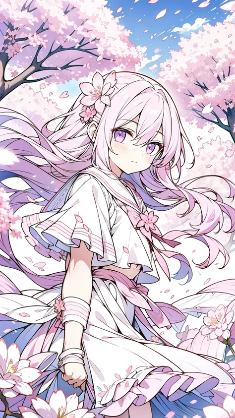 32k, solo, long hair, hair between eyes, closed mouth, standing, purple eyes, pink hair, flower, outdoors, frills, sky, cloud, pink eyes, tree, petals, floating hair, cherry blossoms, pink flower, (pink sailor suit), (((face focus))), (((looking at another...