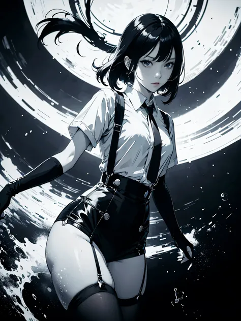 anime women in white shirt , Suspender stockings, Mona Genshin Impact, perfect things, Monochrome photo , Best wallpapers, best hand anatomy, finger model , Mona Genshin Impact, dynamic physics level, Mon&#39;s absolute power, black hole background, best q...