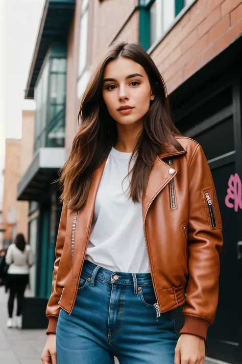 Miniature and slender young 23-year-old woman with long dark chestnut hair in stylish streetwear, such as a leather jacket, jeans, bomber jacket, sneakers or platform boots. The background consists of urban neighborhoods with bright graffiti, trendy cafes,...