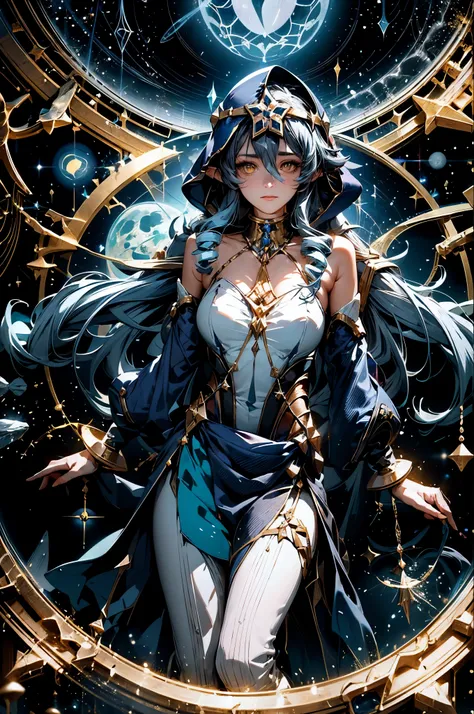 (1 girl solo, long flowy blue hair, yellow eyes, blue and white clothes, white leggings, blue hood, golden details and accessories, bare shoulders) ((portrait closeup shot, floating in space)) (masterpiece), (best quality:1.4), absurdres, [:intricate detai...