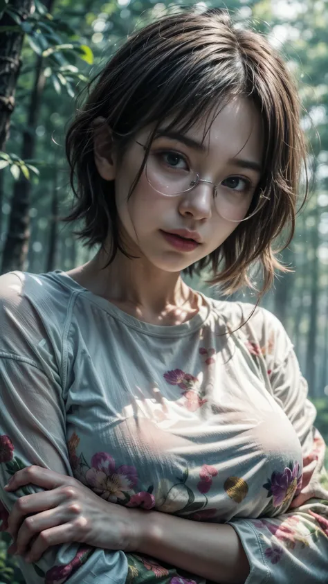 Photorealistic, (close up:1.3, exposed face), wide angle, (seen from below), a japanese young woman wearing wet (long sleeve (floral t-shirt:1.2), oversized t-shirt, bottomless), a hyperrealistic beautiful young girls with grayish blue eyes in glasses, nat...