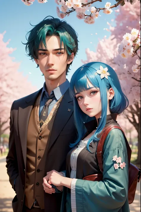 tall guy with brown hair and brown eyes, short girl with blue hair and green eyes under a cherry blossom, blue hair girl, detailed, detailed faces, beautiful faces