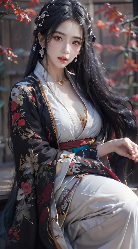 Photorealistic, high resolution, 1 woman, hips up, Beautiful eyes, Long hair, ringed eyes, white hair, jewelry, tattoo, hanfu, black hair color, supper long hair