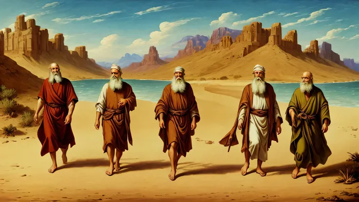 show three men in the biblical context walking on a deserted beach, your left side is deserted and your right side is in the water. The men are older prophets with white beards. The scene takes place in the desert based on a biblical illustration.