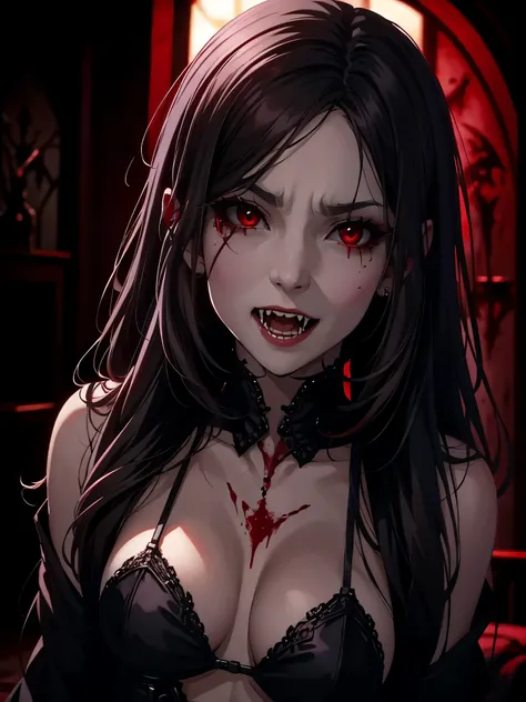 very pretty woman, vampire, blood, sharp fangs