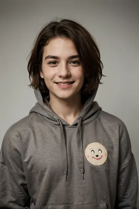 ((Best quality)), ((Masterpiece)), (Boy with short brown hair wearing a hoodie with a happy face), Perfect face