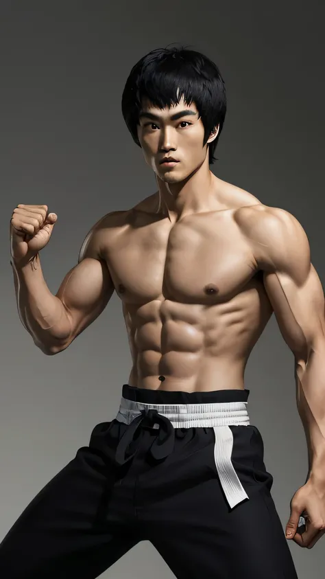 1 homem chines com aparecia jovem, artista marcial com o cabelo castanho e um corte medio, aparencia forte, parecido com bruce lee, em base de boxe chines