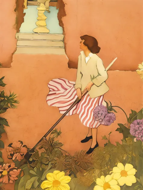 painting of a woman sweeping flowers in a garden with a broom, by Felice Casorati, in the garden, in a garden, by Pruett Carter, by József Rippl-Rónai, by Nakahara Nantenbō, by Maurice Denis, by Gerda Wegener, by Georges Lemmen