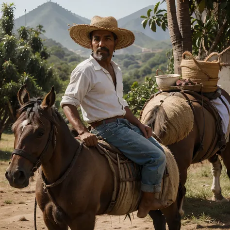 Hombre anciano, con ropas de un campesino, y sombrero claro, montado en un burro, with two loads of coffee on top of the donkey, con fondo de un campo colombiano en blanco y negro