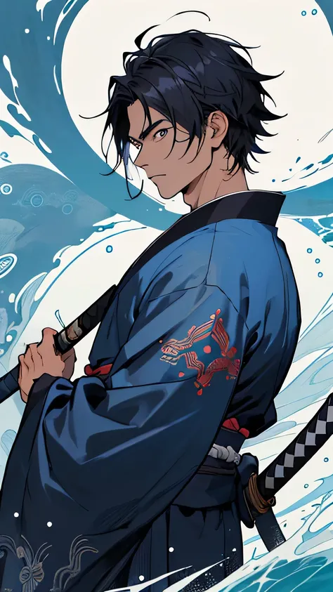 1 homem com aparencia jovem, samurai com olhos azuis e cabelo branco, pele branca, dark blue kimono with 5 circles drawn on the back, olhando para a direita, olhos tristes, calmo, com uma katana com uma bainha com ondas do mar desenhadas na cintura