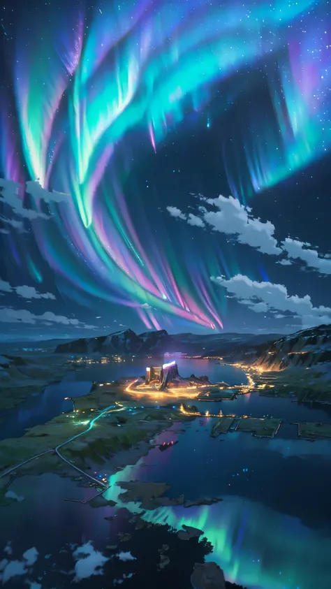 landscape, ultra HD, (background asgard), details, lighting, 8k, (aurora borealis in the sky), constellation, (background asgard), small village beneath the lights